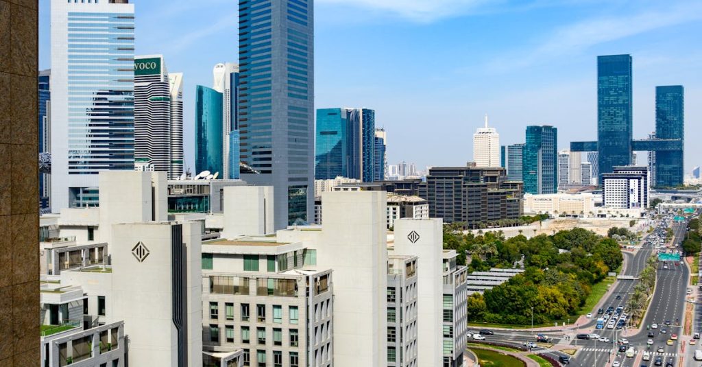 Skyline view featuring Emirates Towers in Dubai on a sunny day.